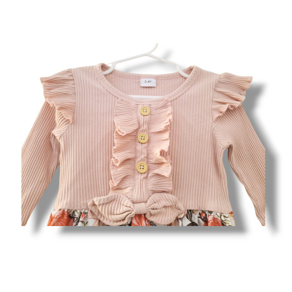 Girls Toddler 3/4 Floral Print Ruffle Bow Trim Dress - Picture 3 of 5